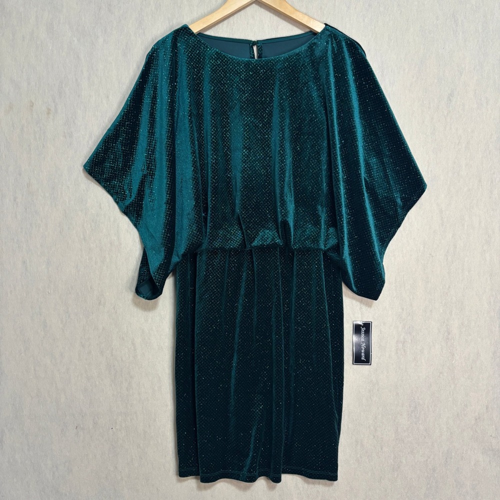 Jessica Howard Velvet Sheath Dress Green Glitter Blouson Holiday Wedding 14 NWT